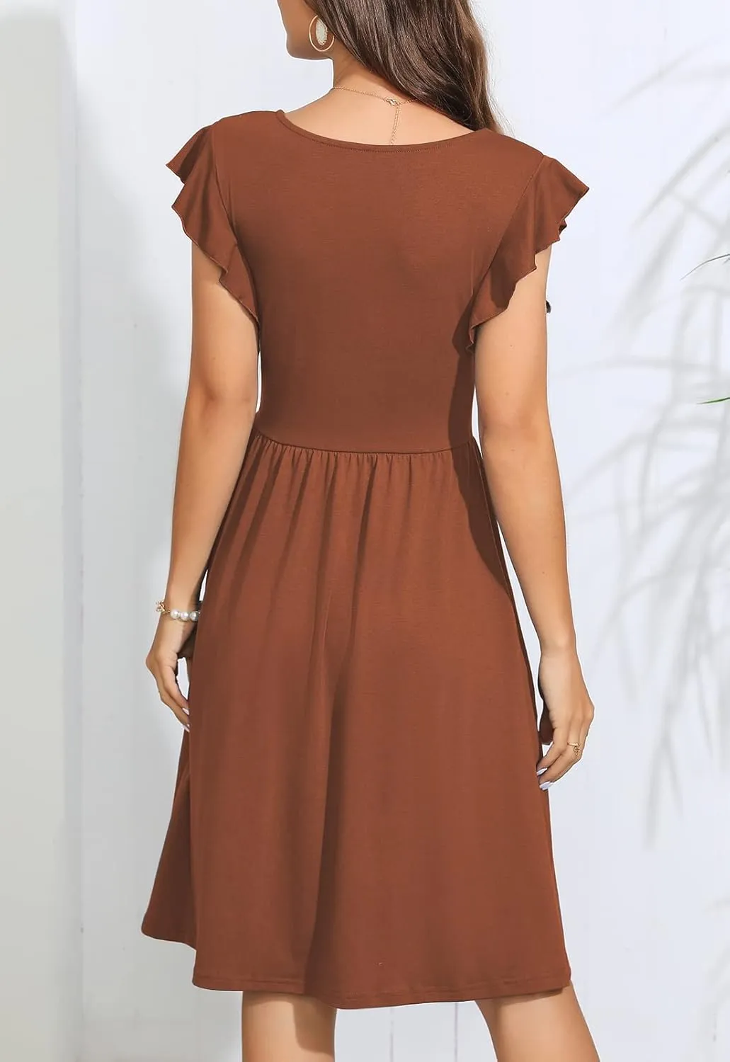 Lamilus Women's Casual Summer Dresses 2025 Ruffle Sleeves V-Neck Button Down Midi Swing Party Dress