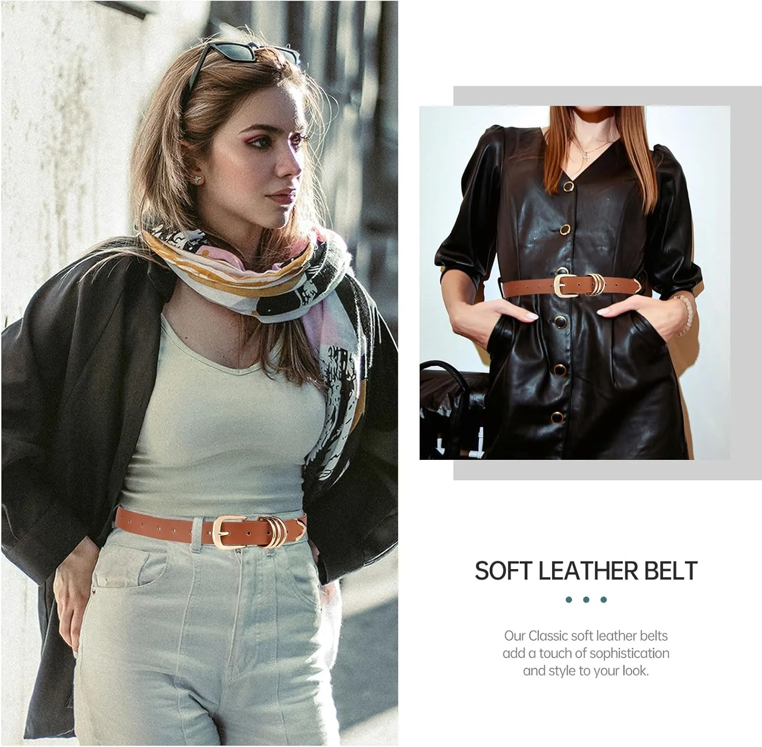 Long Keeper Women Leather Belt Fashion Ladies Waist Belt for Pants Jeans Dresses With Gold Buckle Vegan Leather Casual Belt