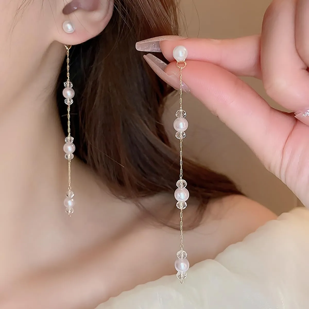 Long Pearl Tassel Dangle Drop Earrings Boho Pearl Tassel Earrings Dainty Tiny Pearl Chain Earrings Statement Wedding Bride Earrings Birthday Christmas Valentine's Day Clothing Jewelry for Women
