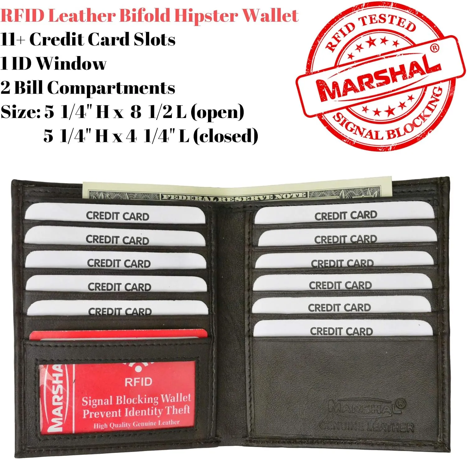 MARSHAL RFID Blocking Bifold Hipster Credit Card Wallet Premium Lambskin Leather (Brown)
