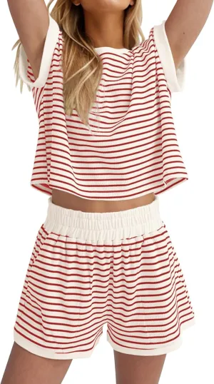 MISSACTIVER 2 Piece Lounge Set Women Stripe Knit Short Sleeve Tee Shirts Shorts Casual Summer Loungewear Shorts Sets
