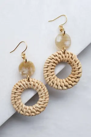 Nam Dinh 16K Gold Plated Natural Rattan (Straw/Wicker) & Beige Buffalo Horns Earrings