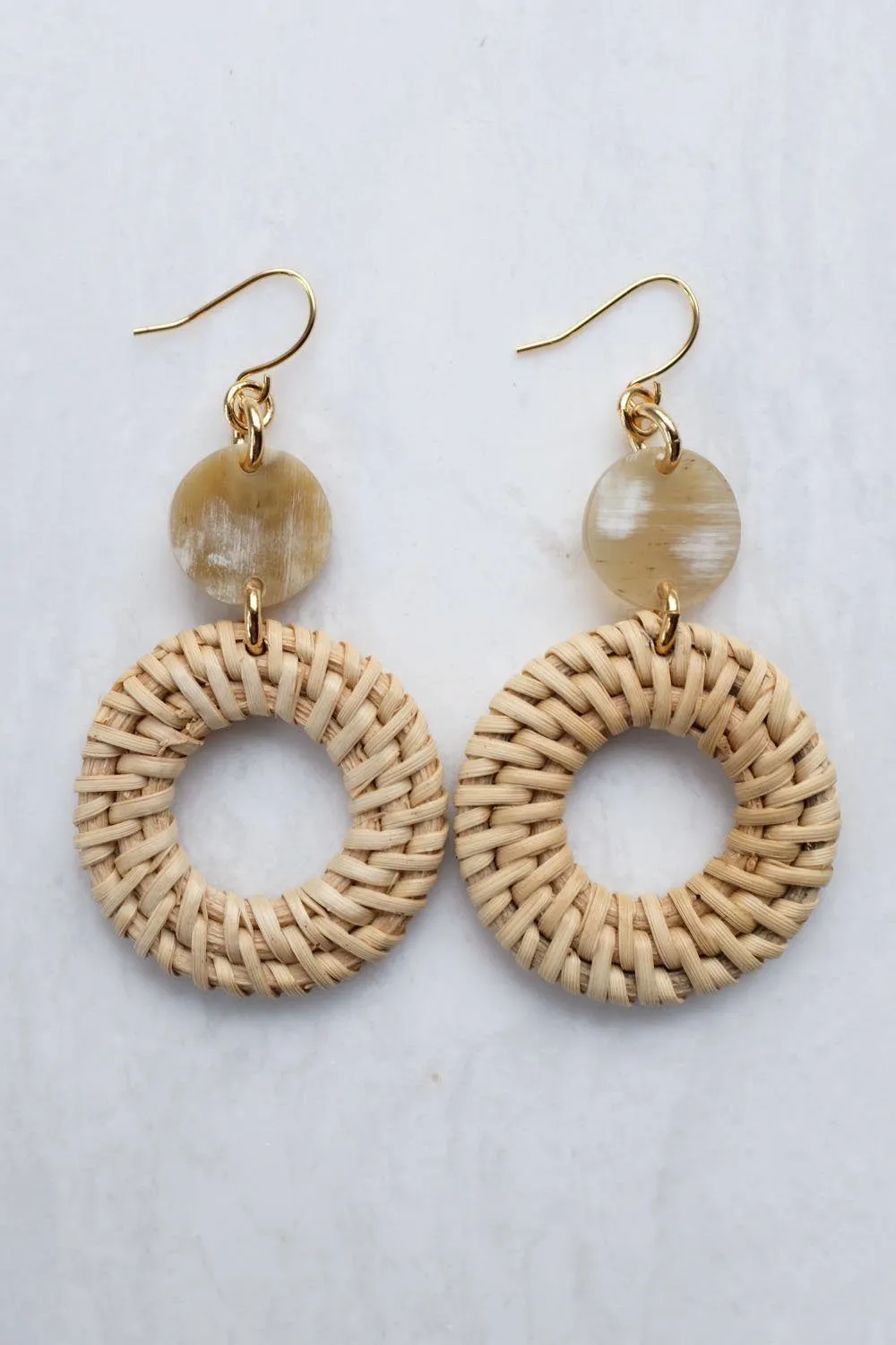 Nam Dinh 16K Gold Plated Natural Rattan (Straw/Wicker) & Beige Buffalo Horns Earrings