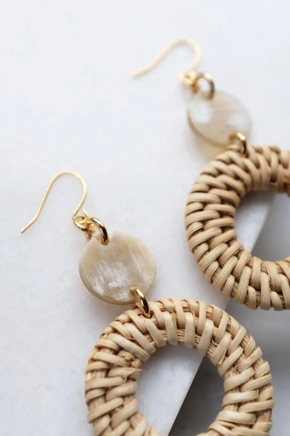 Nam Dinh 16K Gold Plated Natural Rattan (Straw/Wicker) & Beige Buffalo Horns Earrings