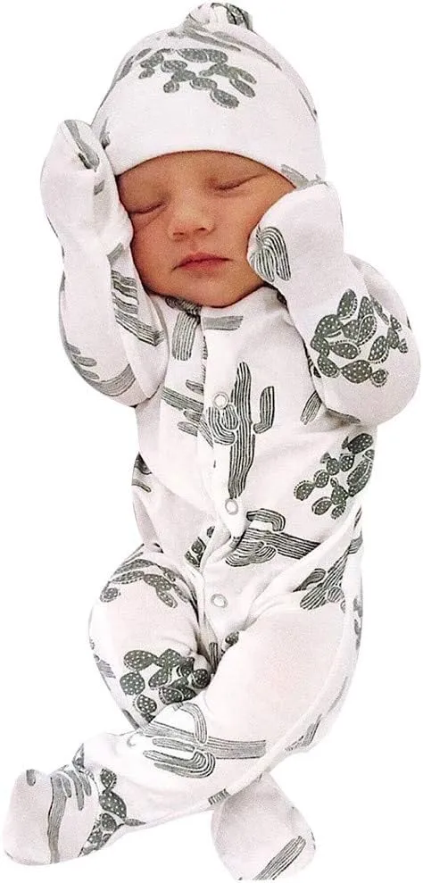 Newborn Baby Bodysuit 2-Piece Set | Cactus Print Romper & Hat Outfit | Cotton Soft Unisex Jumpsuit (0-18 Months)