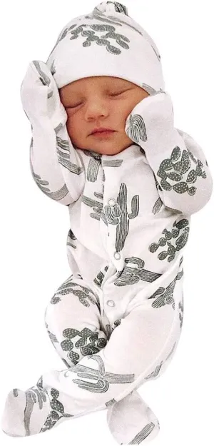 Newborn Baby Bodysuit 2-Piece Set | Cactus Print Romper & Hat Outfit | Cotton Soft Unisex Jumpsuit (0-18 Months)