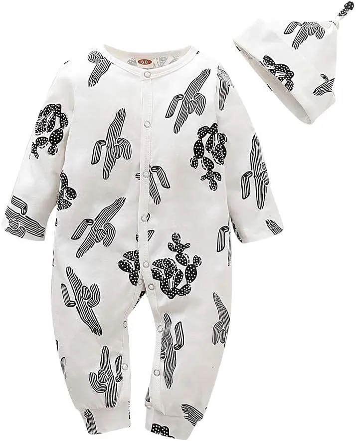 Newborn Baby Bodysuit 2-Piece Set | Cactus Print Romper & Hat Outfit | Cotton Soft Unisex Jumpsuit (0-18 Months)