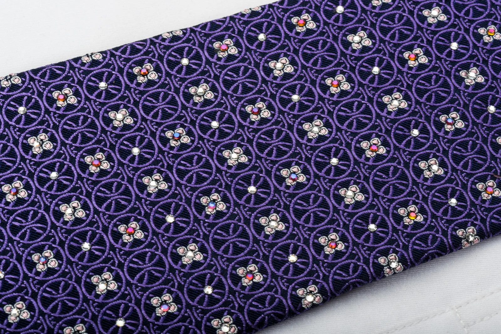Nina Ricci Silk Tie Purple Interlocking Circles On Blue With Rhinestones