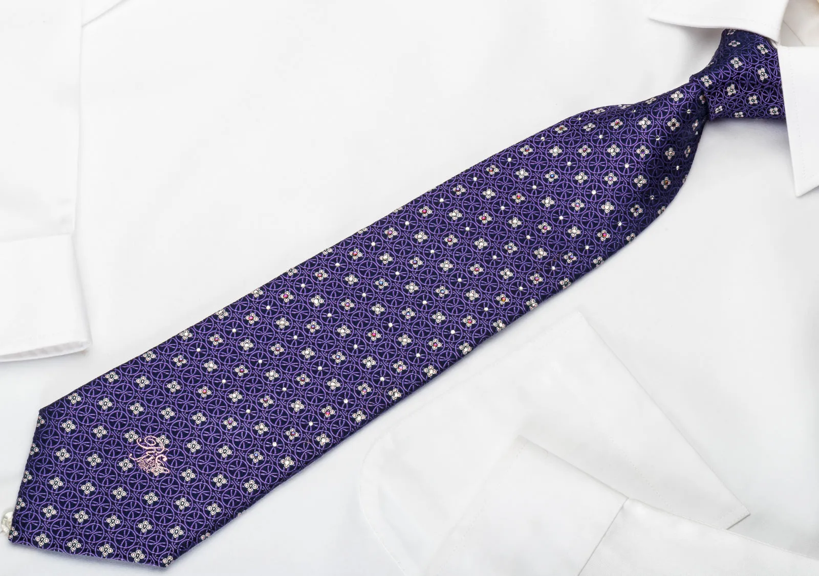 Nina Ricci Silk Tie Purple Interlocking Circles On Blue With Rhinestones