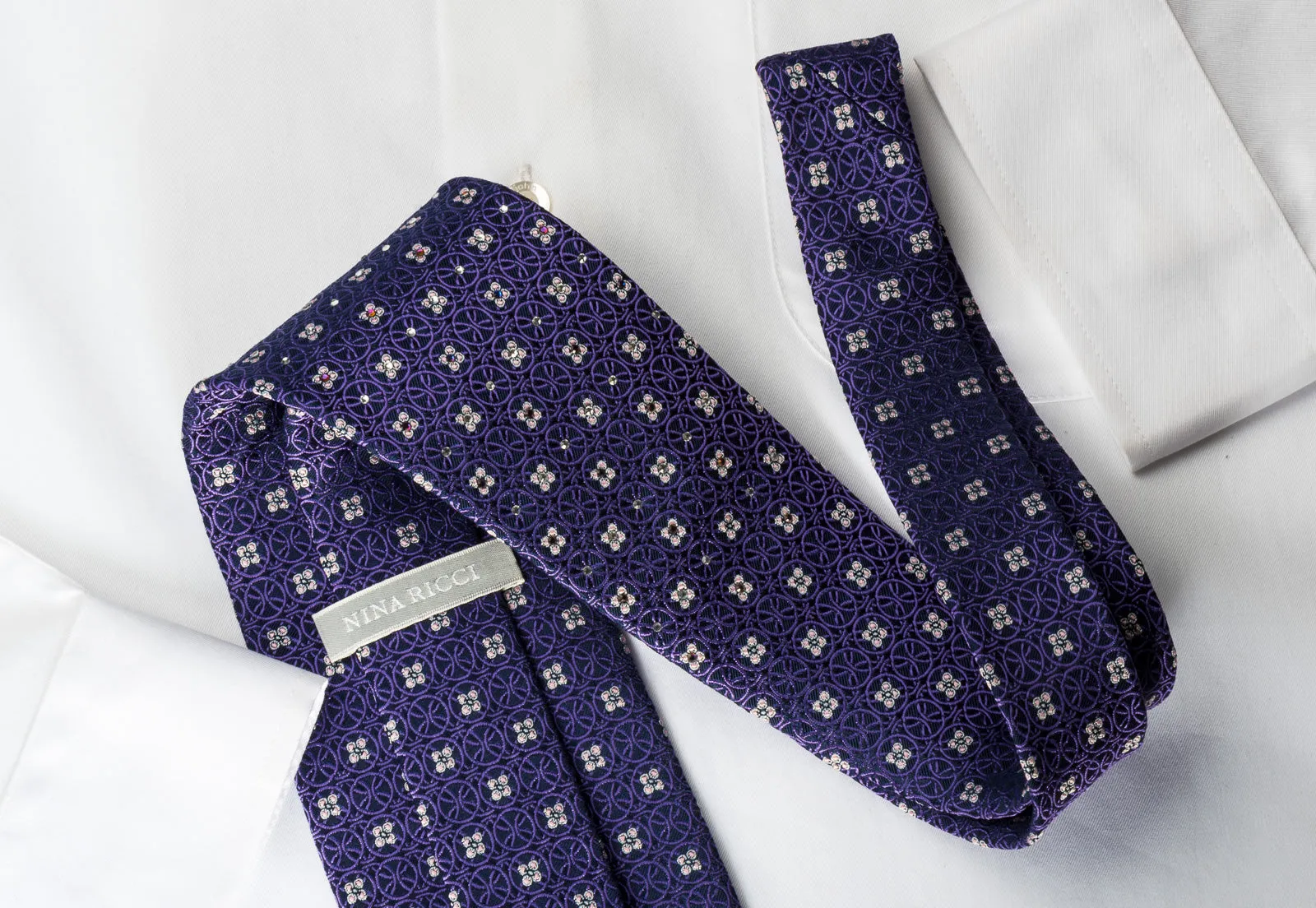 Nina Ricci Silk Tie Purple Interlocking Circles On Blue With Rhinestones