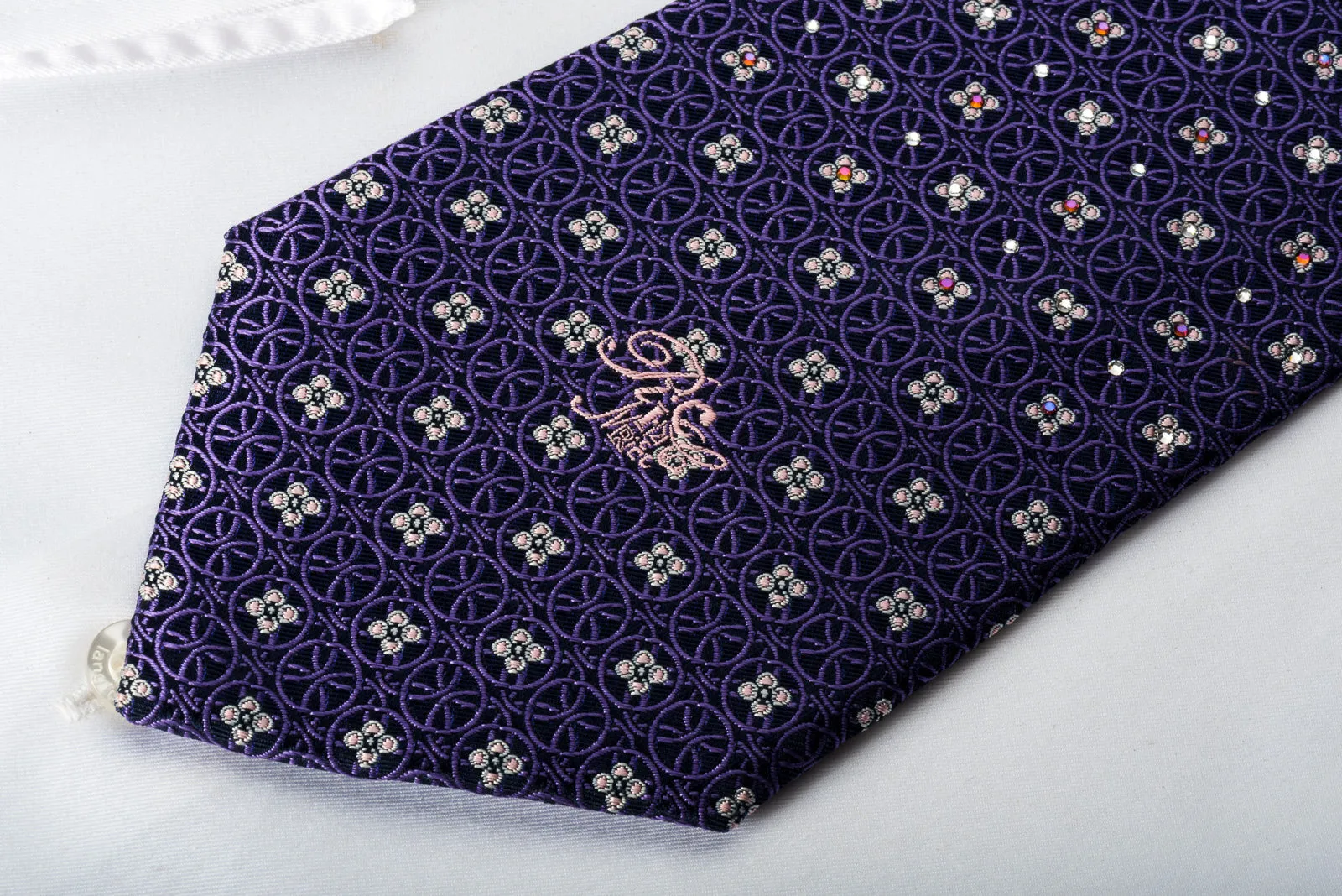 Nina Ricci Silk Tie Purple Interlocking Circles On Blue With Rhinestones