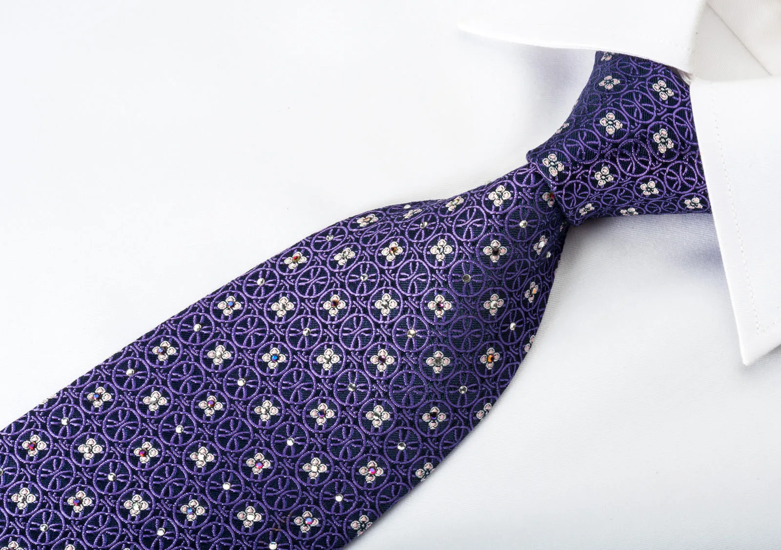 Nina Ricci Silk Tie Purple Interlocking Circles On Blue With Rhinestones