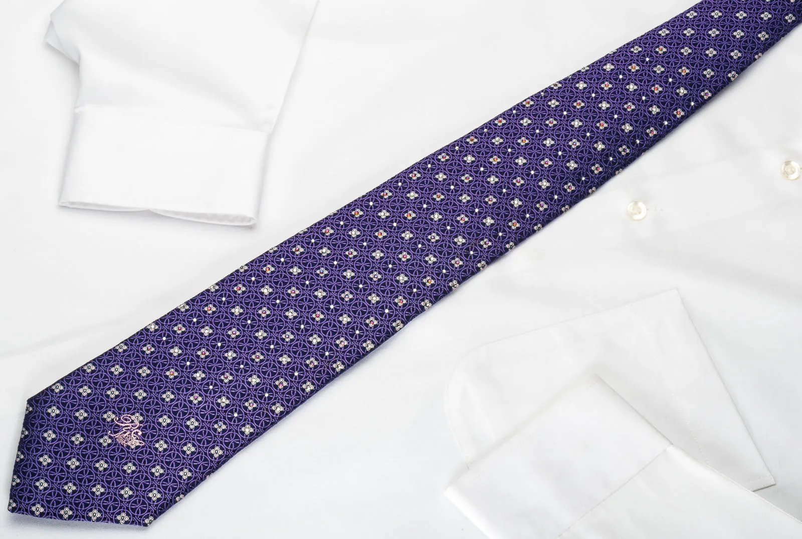 Nina Ricci Silk Tie Purple Interlocking Circles On Blue With Rhinestones