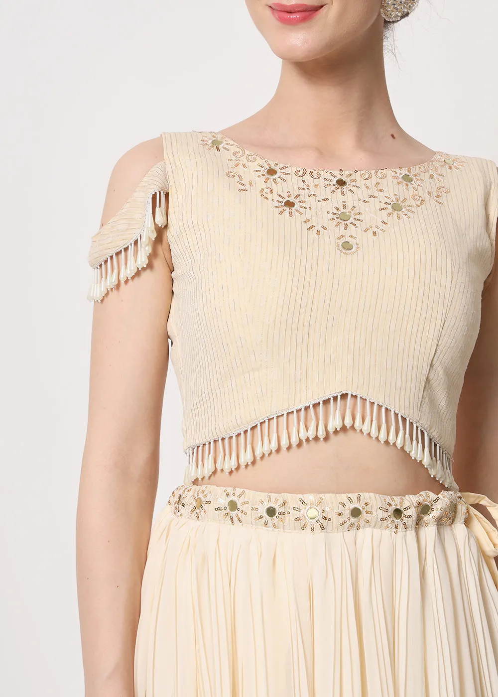 Party Wear Lovely Beige Georgette Crushed Lehenga Choli