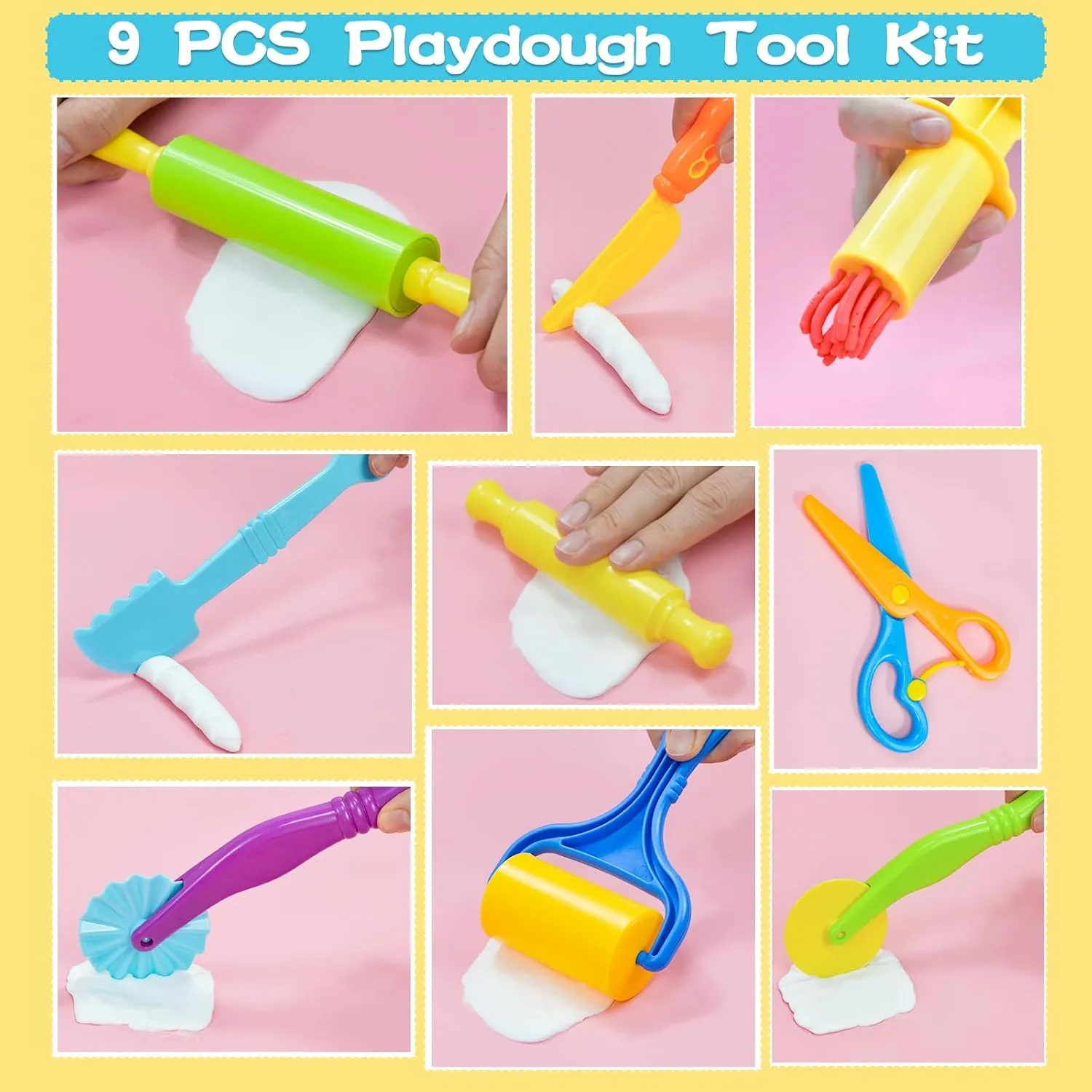 Playdough Tool Set, 9 Pcs Play Dough Tools Sets for Kids Ages 4-8, Playdough Accessories Includes Cutters Roller, Rolling Pins, Safety Scissors, Plastic Knife