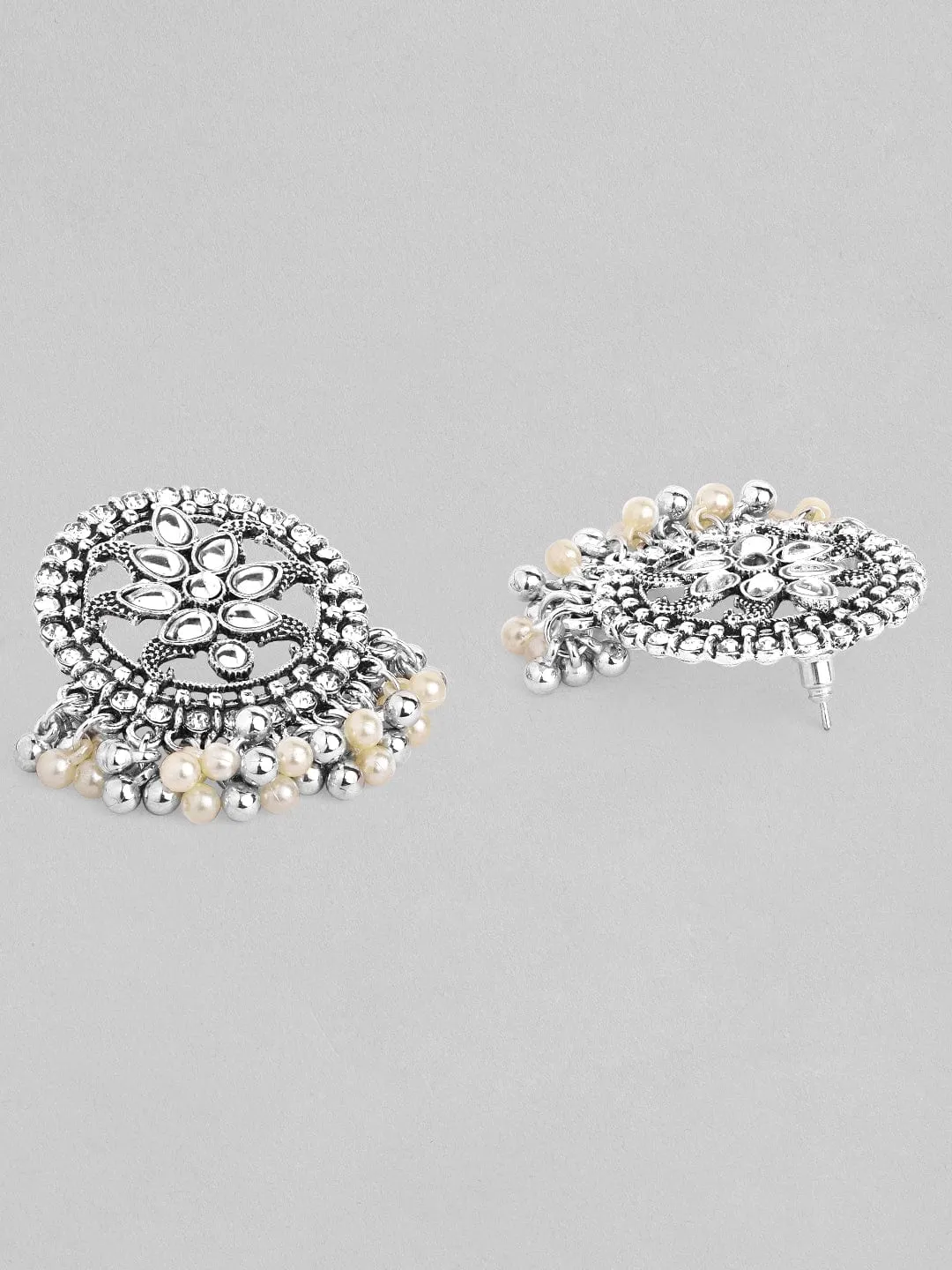 Rubans Silver-Plated & Beige Oxidised Contemporary Stud Earrings