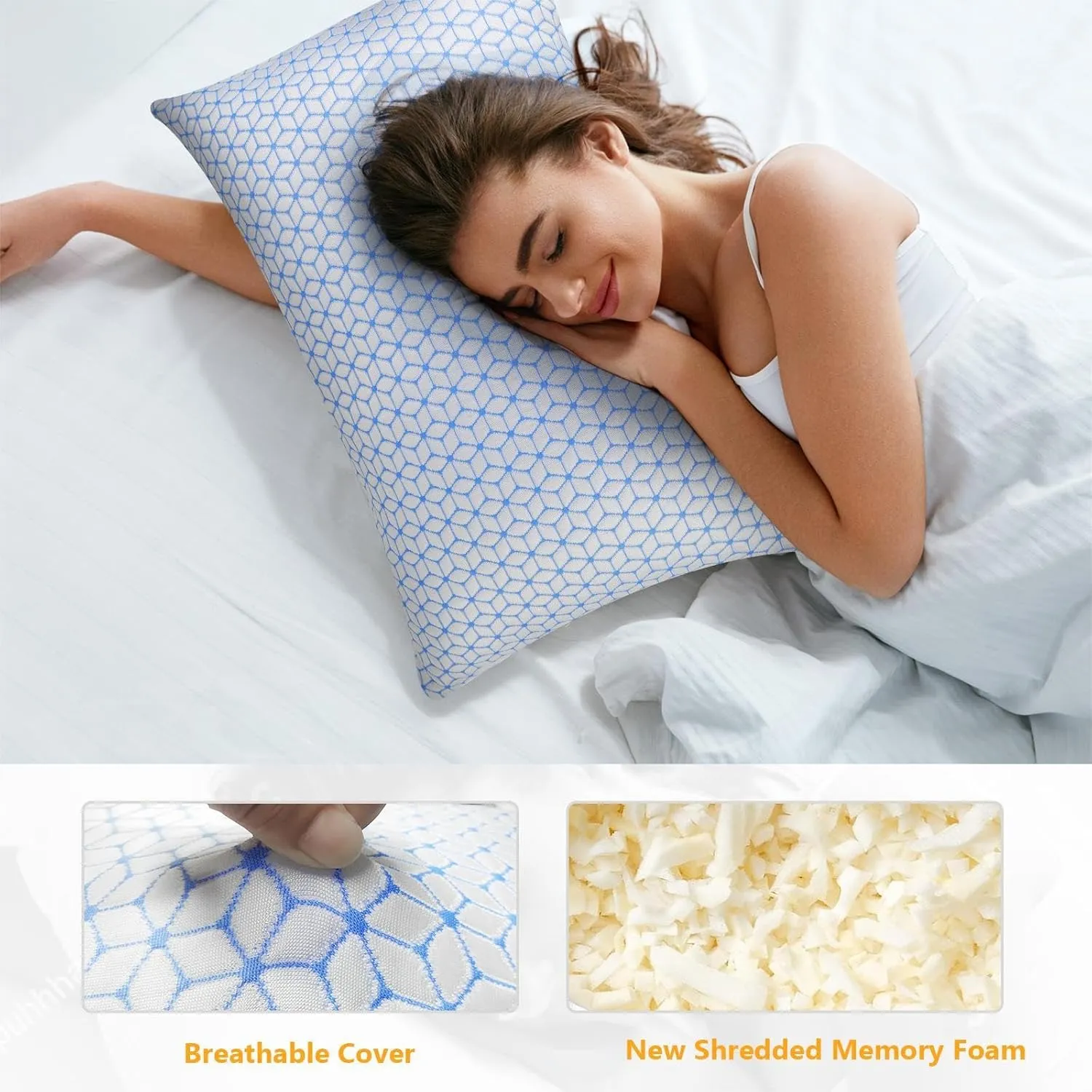 Shredded Memory Foam Pillows Queen Size Set of 2, Cooling Firm Pillows Queen Size 2 Pack for Bed, Adjustable for Side Back Stomach Sleepers