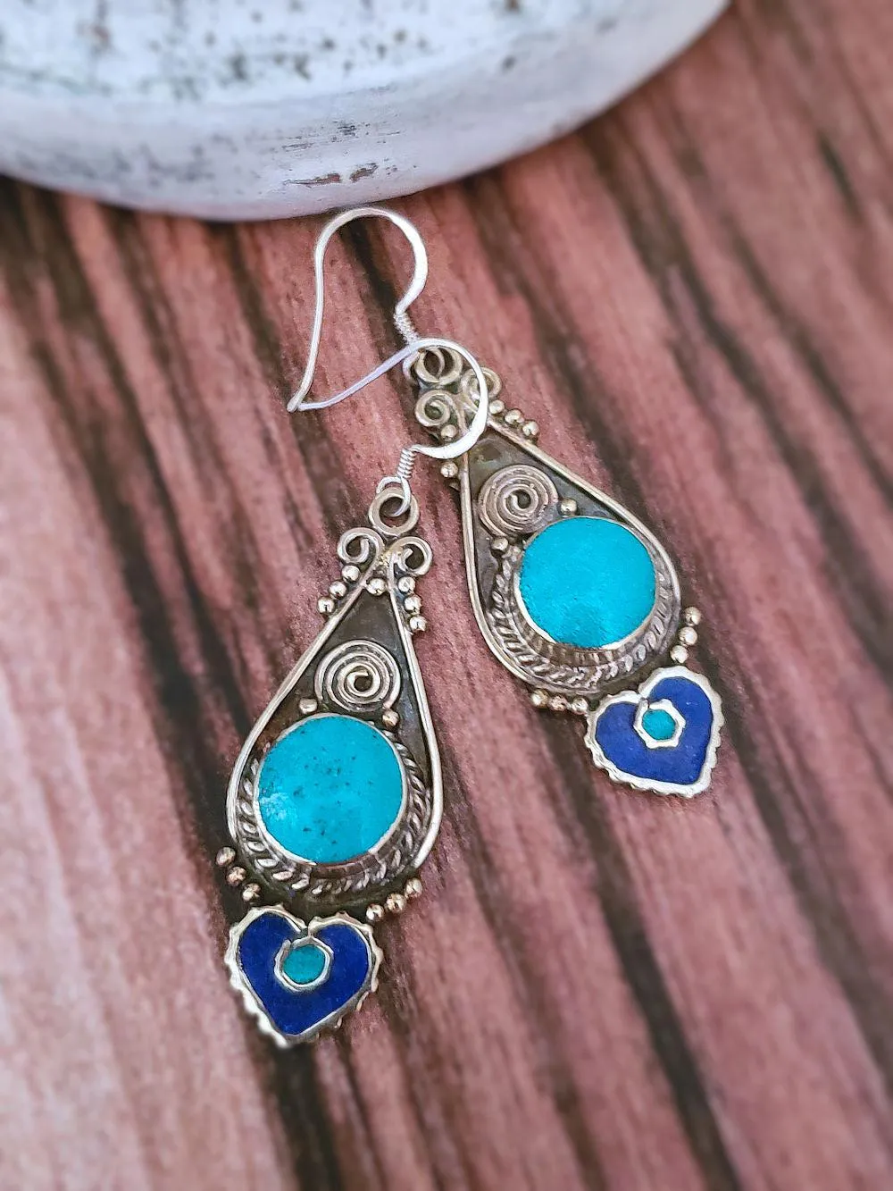Tibetan Earrings - Coral, Lapis & Turquoise