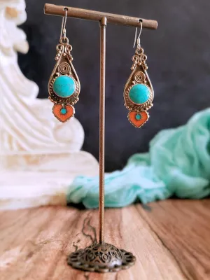 Tibetan Earrings - Coral, Lapis & Turquoise