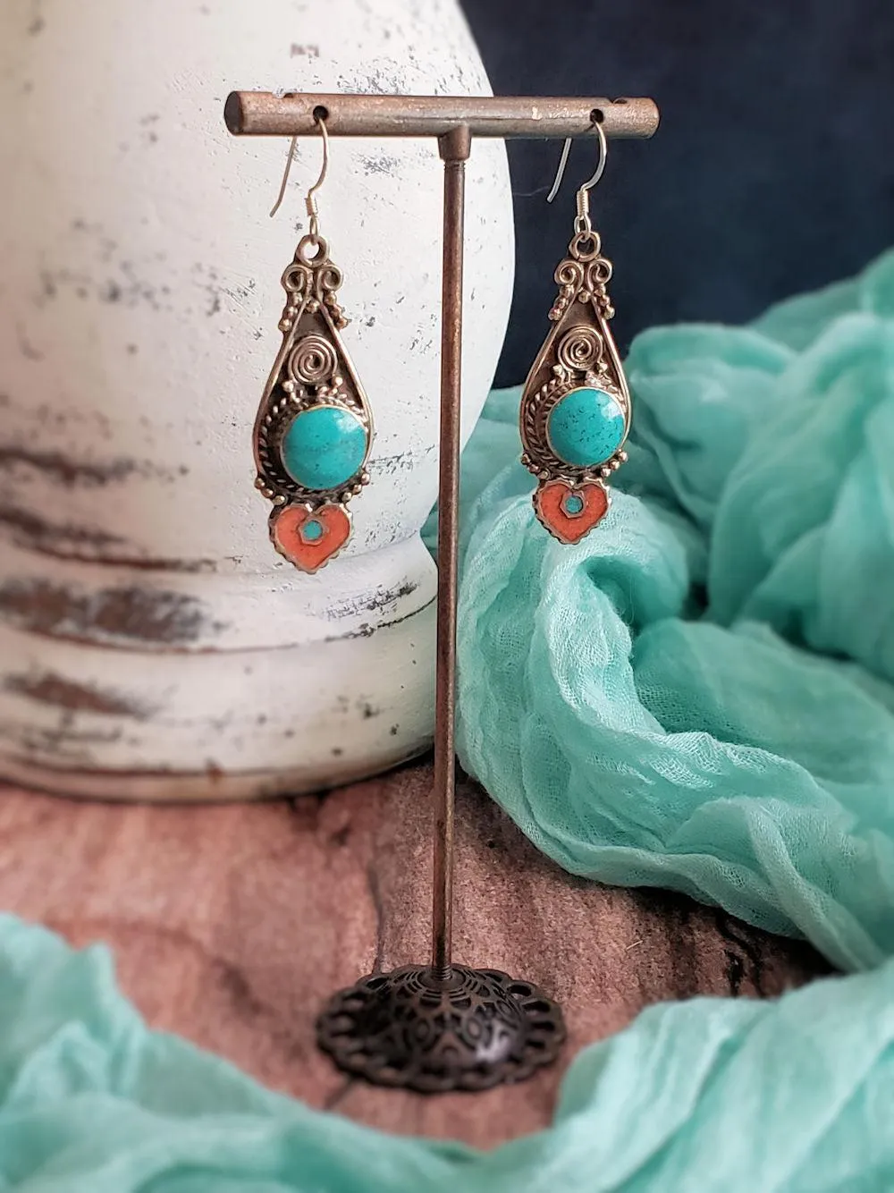 Tibetan Earrings - Coral, Lapis & Turquoise