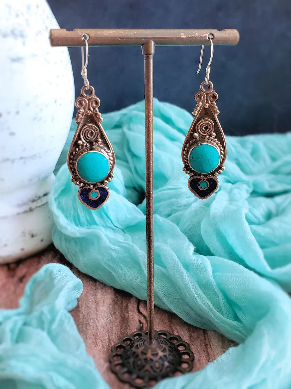 Tibetan Earrings - Coral, Lapis & Turquoise