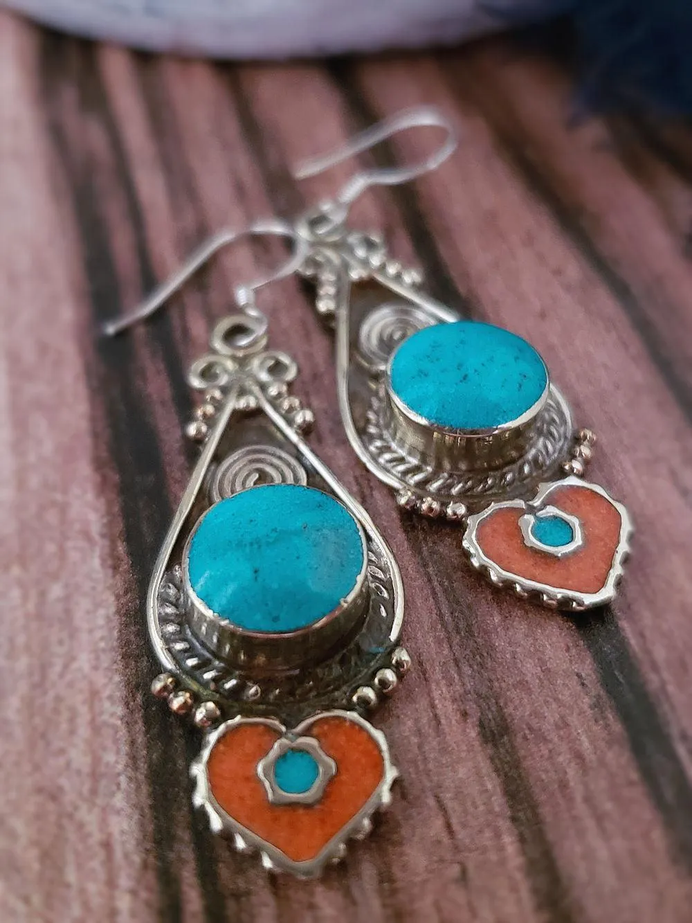 Tibetan Earrings - Coral, Lapis & Turquoise