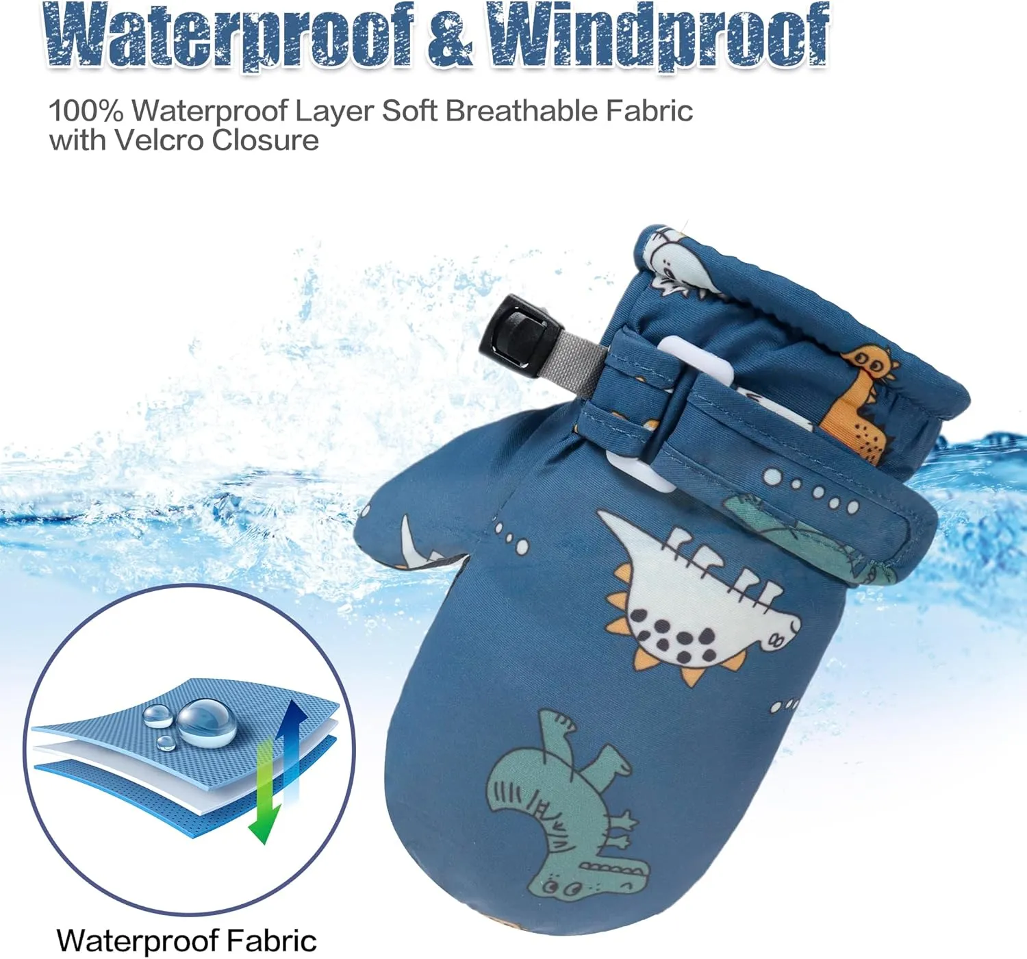 Toddler Dinosaur Snow Mittens for Baby Boys - Lined Fleece Gloves
