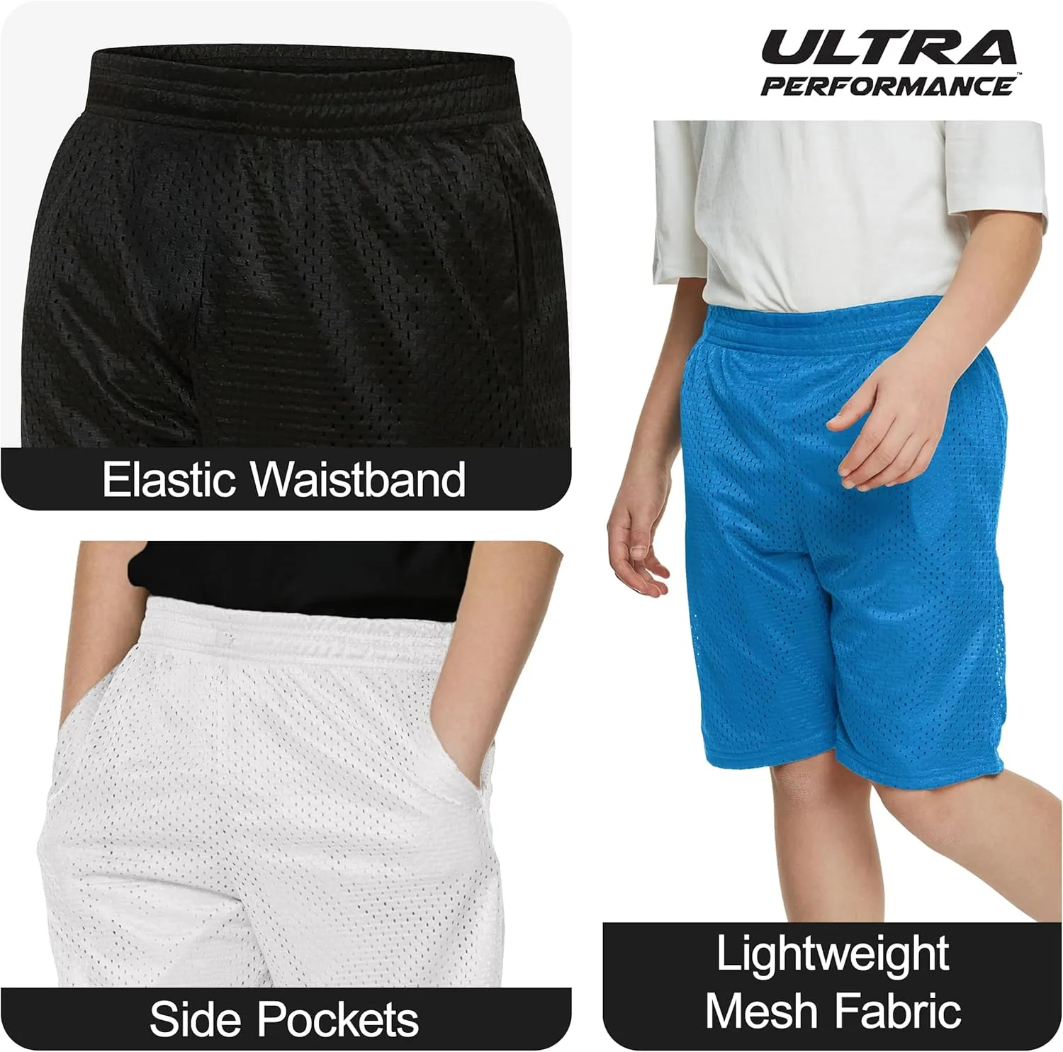 Ultra Performance Boy's Basketball Short's 3 Pack Mesh Athletic Shorts Youth Basketball Soccer & Gym Short for Active Boys