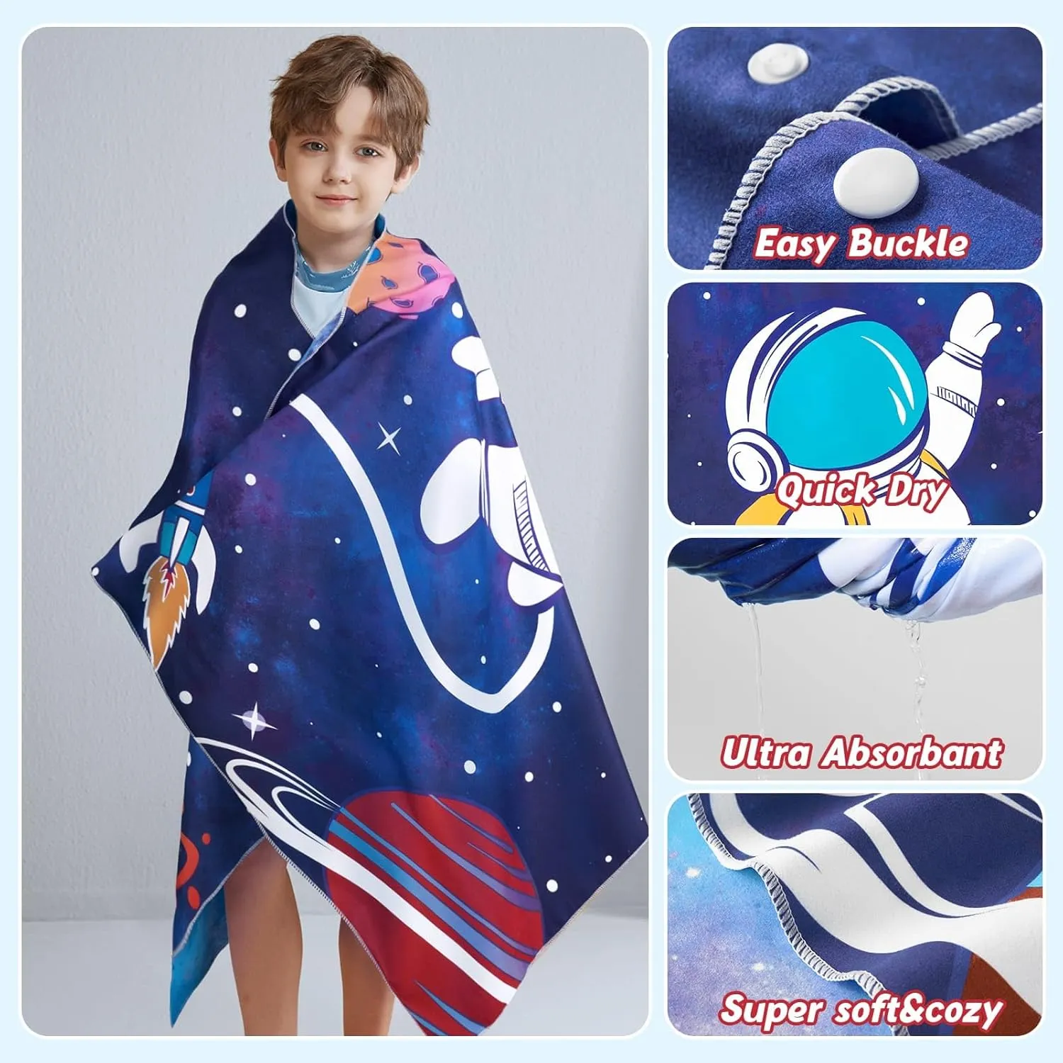 WERNNSAI Space Kids Beach Towel for Boys, 30 x 60 Double-Sided Towel for Kids, Kids Beach Pool Bath Bathroom Swim Towels, Quick Dry Ultra Absorbent Super Soft Beach Blanket Towel