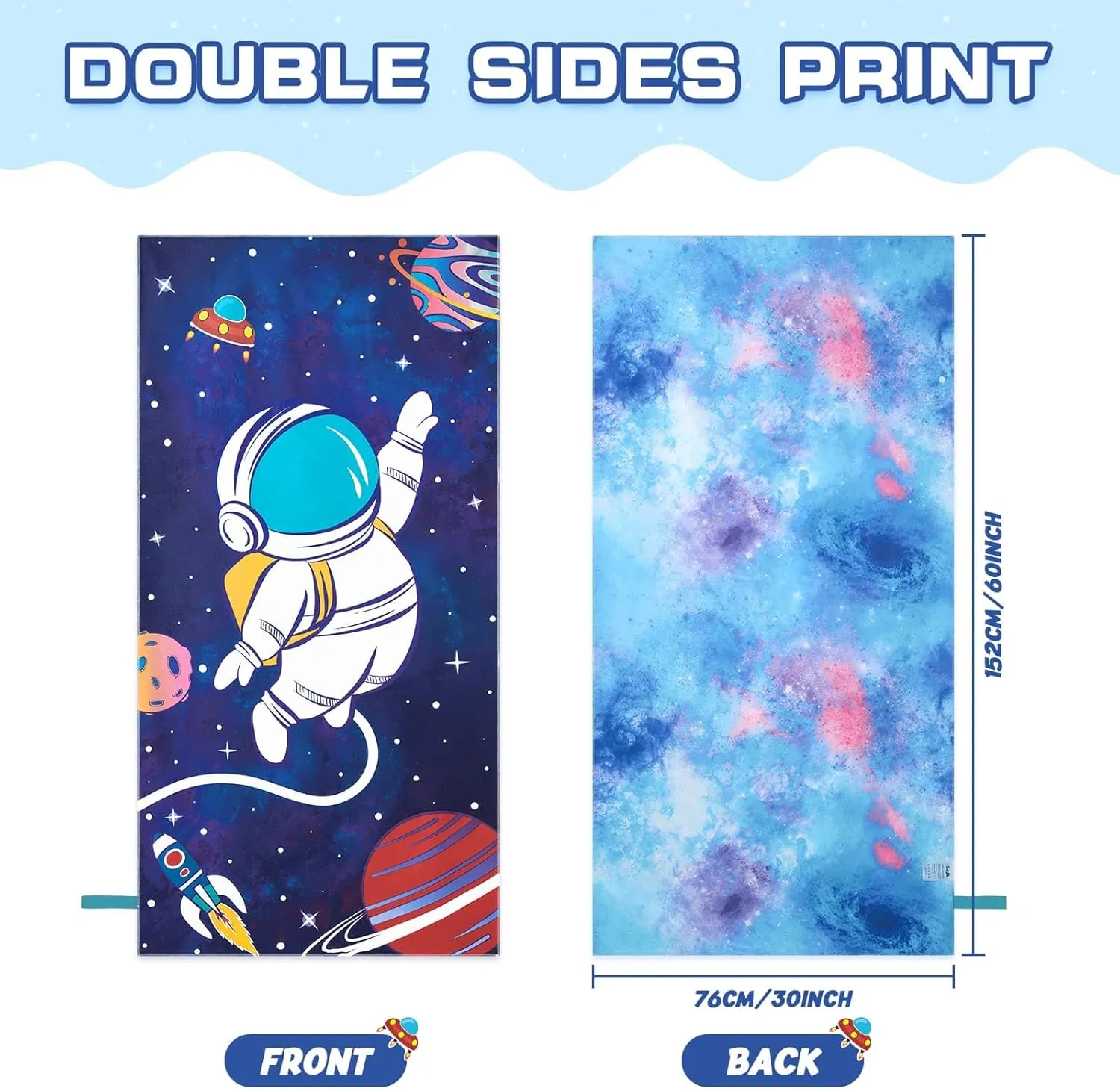 WERNNSAI Space Kids Beach Towel for Boys, 30 x 60 Double-Sided Towel for Kids, Kids Beach Pool Bath Bathroom Swim Towels, Quick Dry Ultra Absorbent Super Soft Beach Blanket Towel