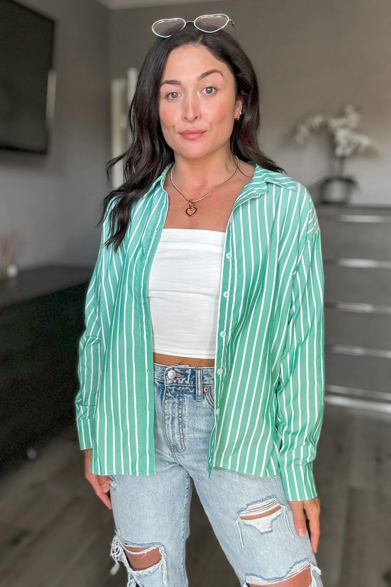 Women's Striped Button Down Long Sleeve Shirt Top | Green