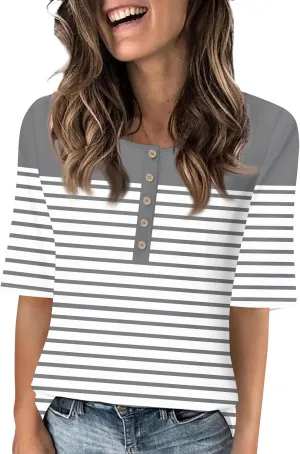 Womens Summer Tops Elbow Sleeve Tops Women Button Down T Shirts Scoop Neck Striped Floral Blouses Dressy Casual